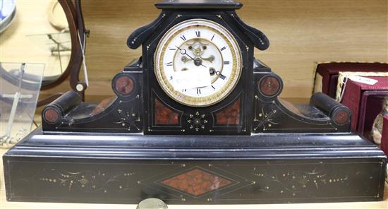 A French black slate and marble mantel clock with visible brocot escapement length 54cm